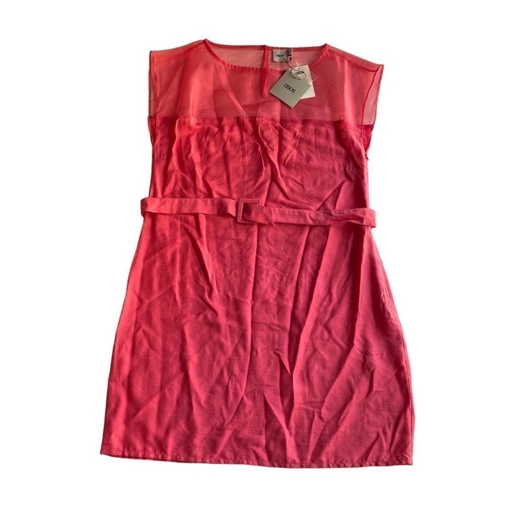 ASOS Mini Dress Pink Size 8 Sheer Sleeveless Crew Neck Belt NWT Mini Barbiecore